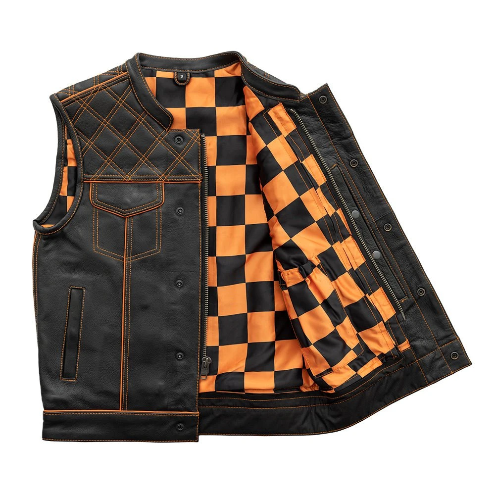 Finish Line - Orange Checker - Men's Motorcycle Leather Vest - Image 4