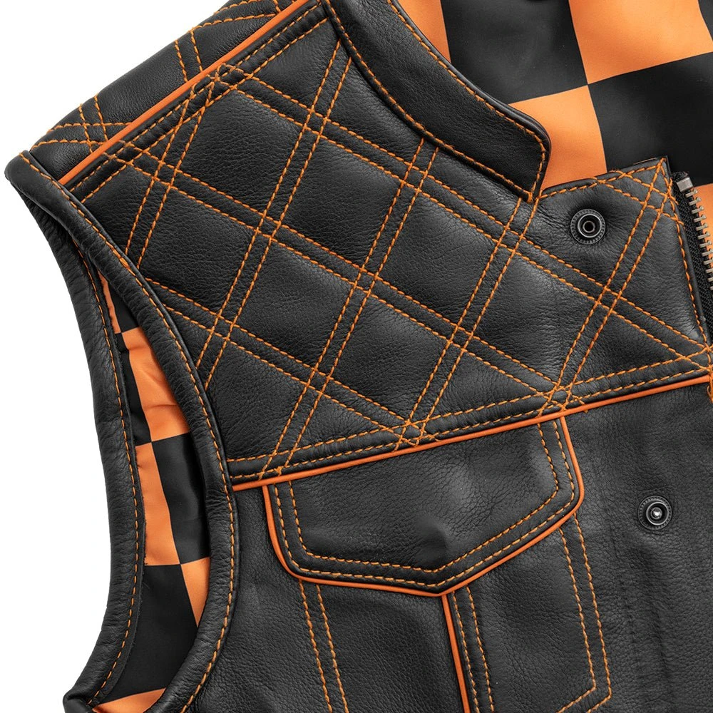 Finish Line - Orange Checker - Men's Motorcycle Leather Vest - Image 3