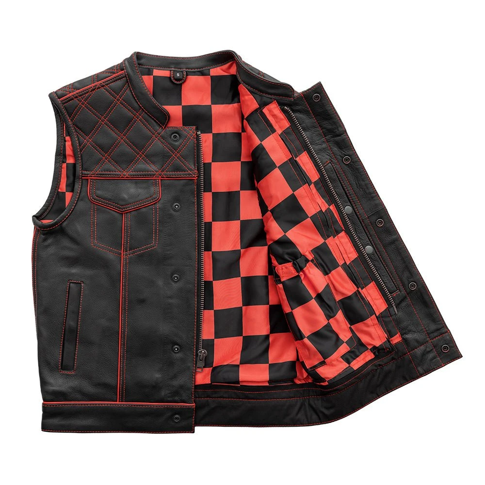 Finish Line - Red Checker - Men's Motorcycle Leather Vest - Image 4