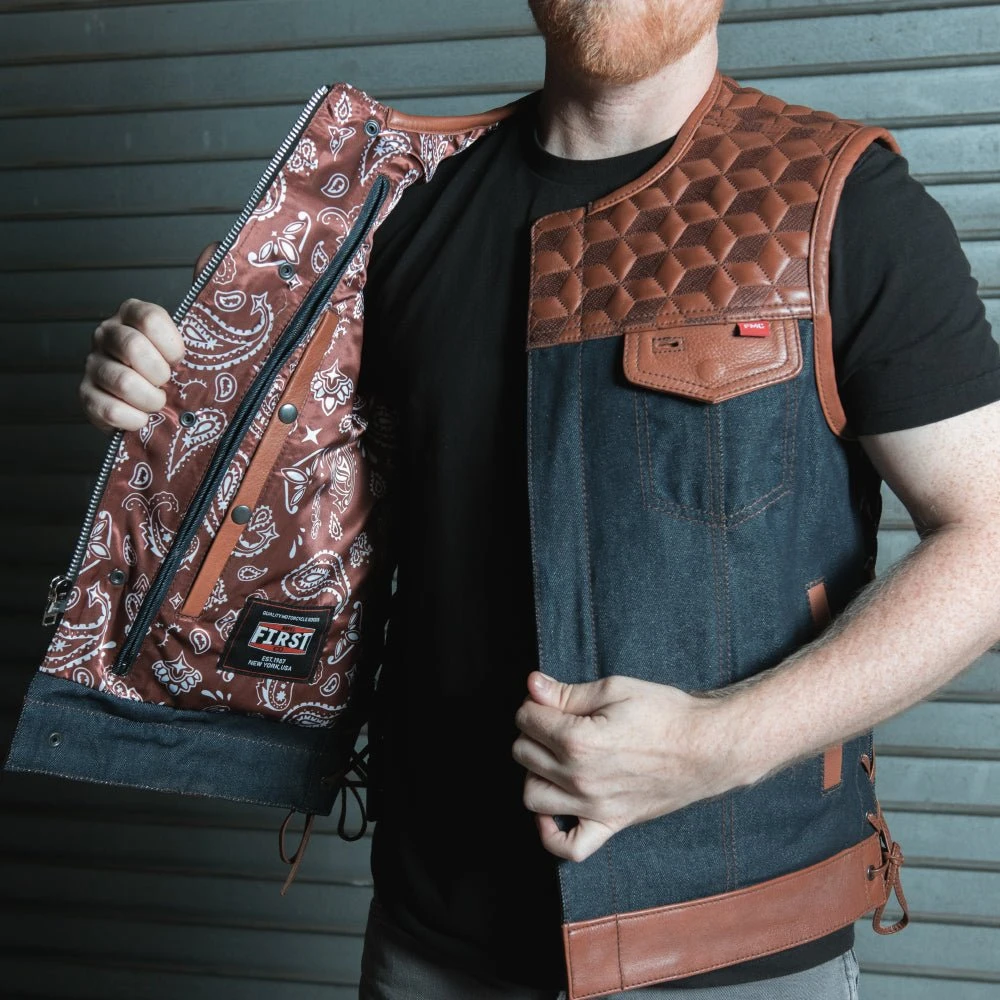 Red Label- Men's Club Style Leather/Denim Motorcycle Vest - Limited Edition - Image 6