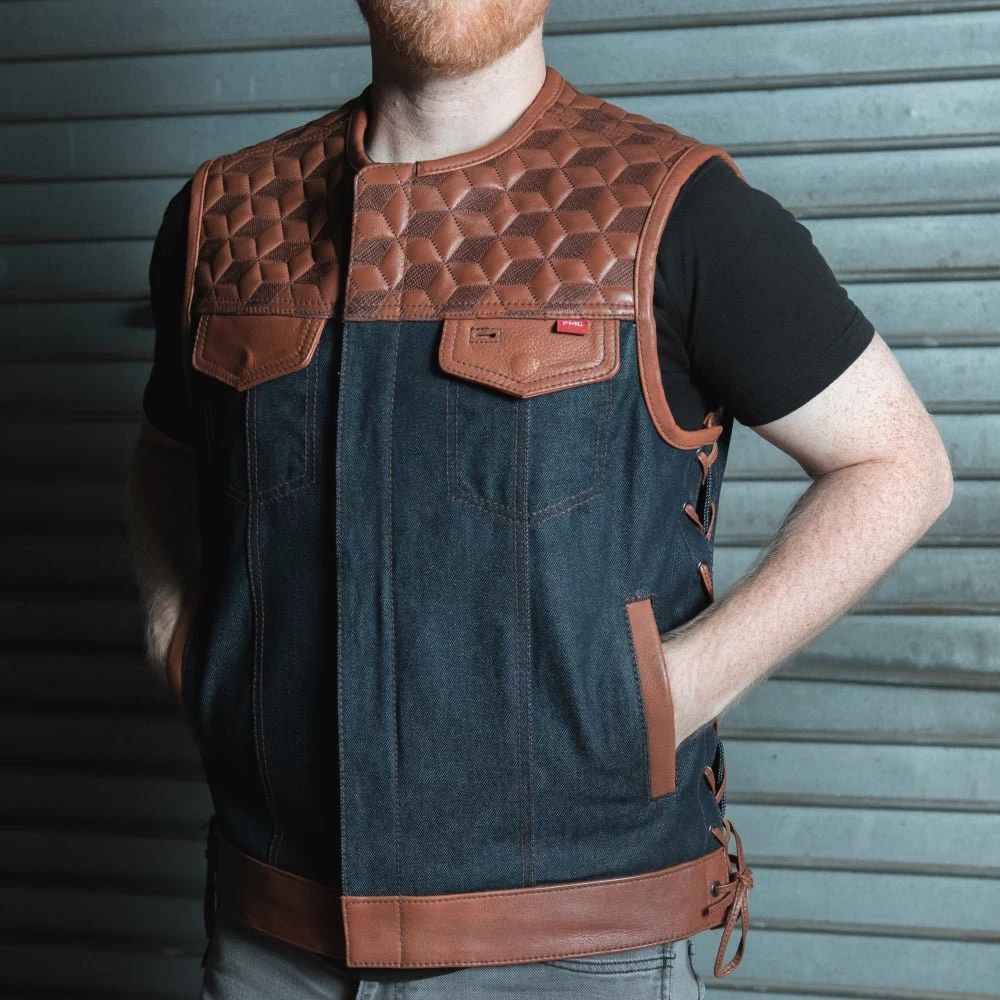 Red Label- Men's Club Style Leather/Denim Motorcycle Vest - Limited Edition - Image 5