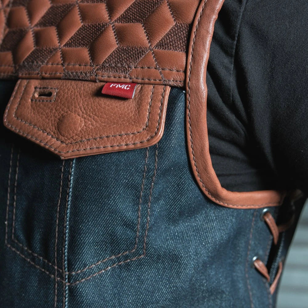 Red Label- Men's Club Style Leather/Denim Motorcycle Vest - Limited Edition - Image 4
