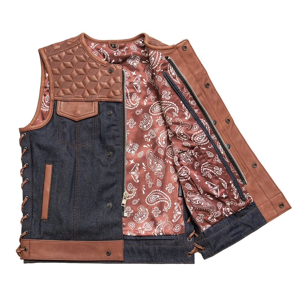 Red Label- Men's Club Style Leather/Denim Motorcycle Vest - Limited Edition - Image 3