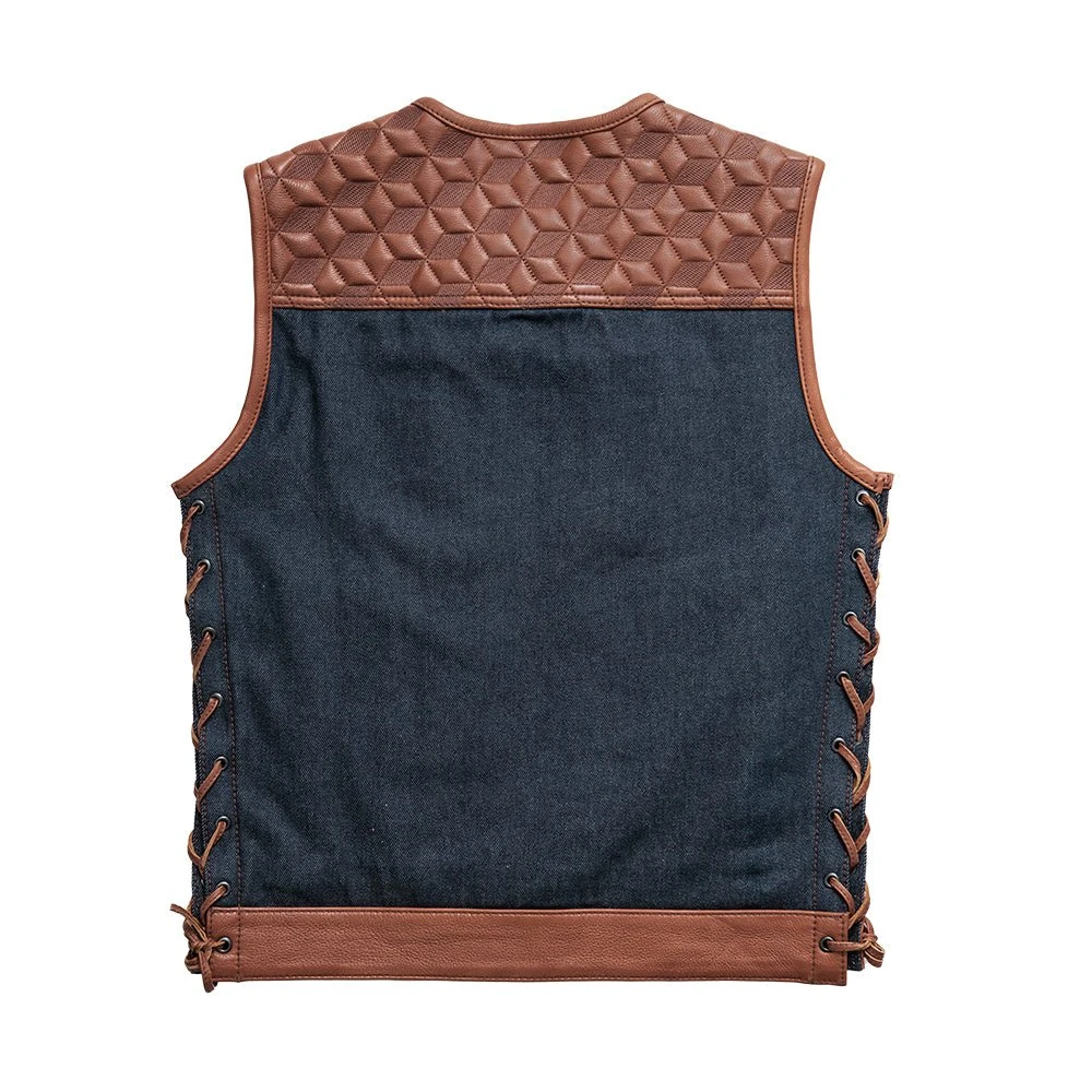 Red Label- Men's Club Style Leather/Denim Motorcycle Vest - Limited Edition - Image 2